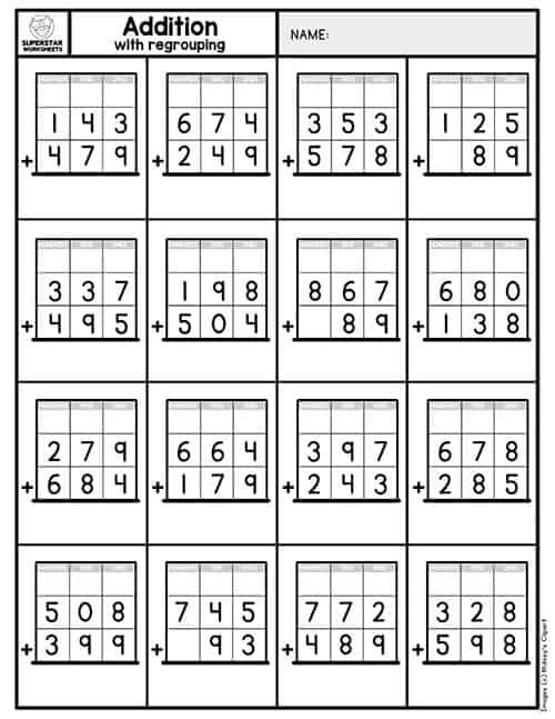 Addition with Regrouping Worksheet 20 for Elementary Math Practice Third grade addition regrouping practice worksheet with carrying problems for math review