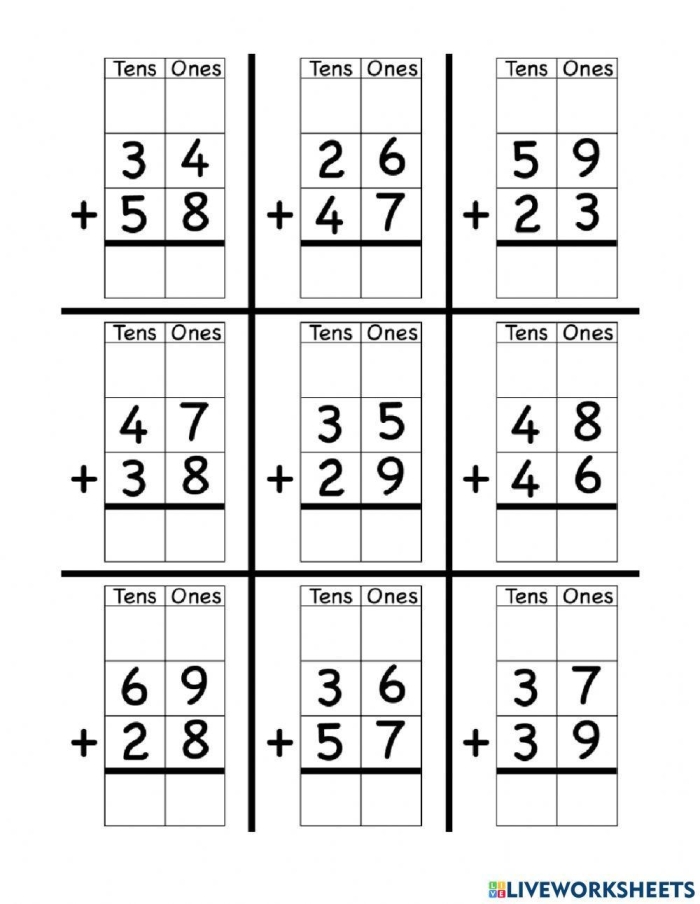 Third grade math worksheet for practicing addition regrouping and carrying numbers
