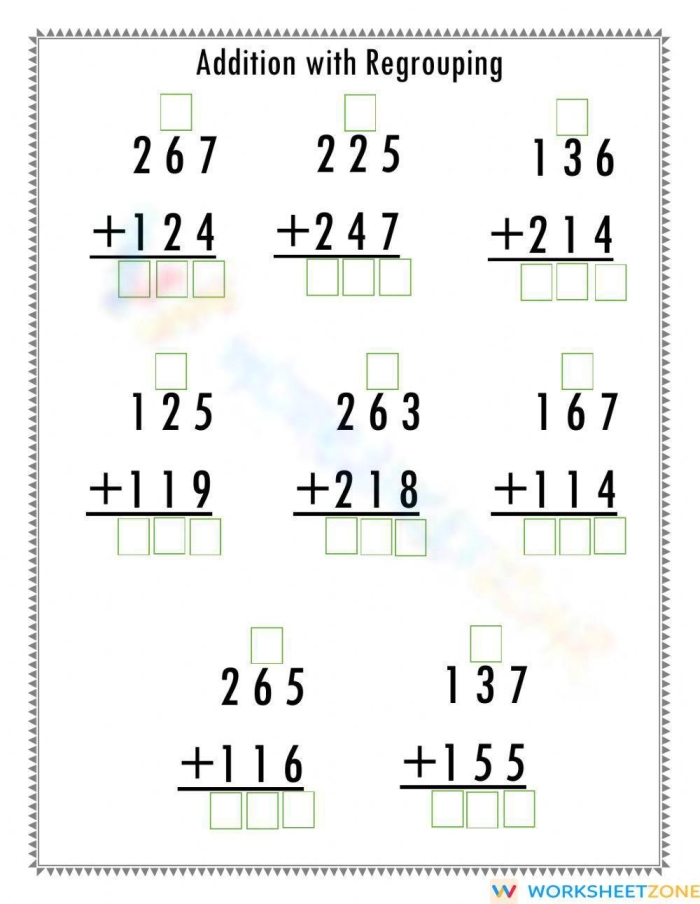 Third grade math worksheet showing addition problems with regrouping and carrying tens to the next column