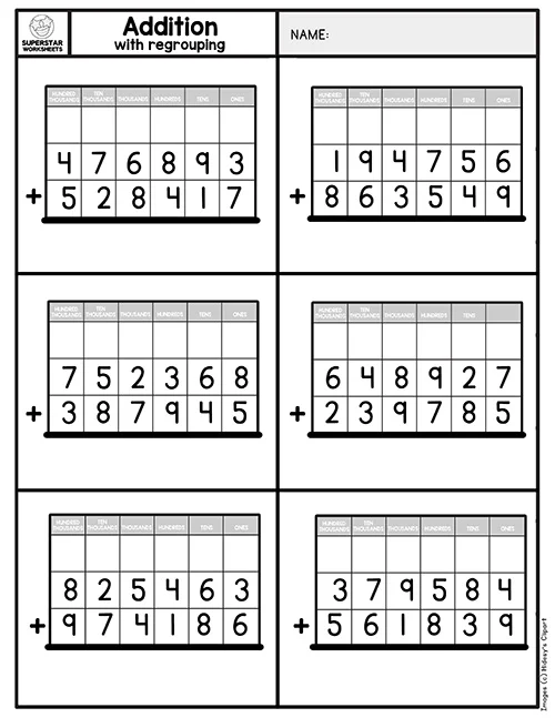 Third grade addition regrouping worksheet with two-digit numbers requiring carrying to the tens column