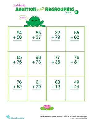 Double Digits Addition Challenge Worksheet 12 for Young Learners Second grade student solving vertical addition problems with regrouping in an underwater themed worksheet activity