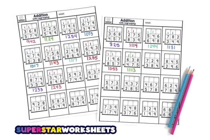 Third grade addition regrouping worksheet with carrying practice