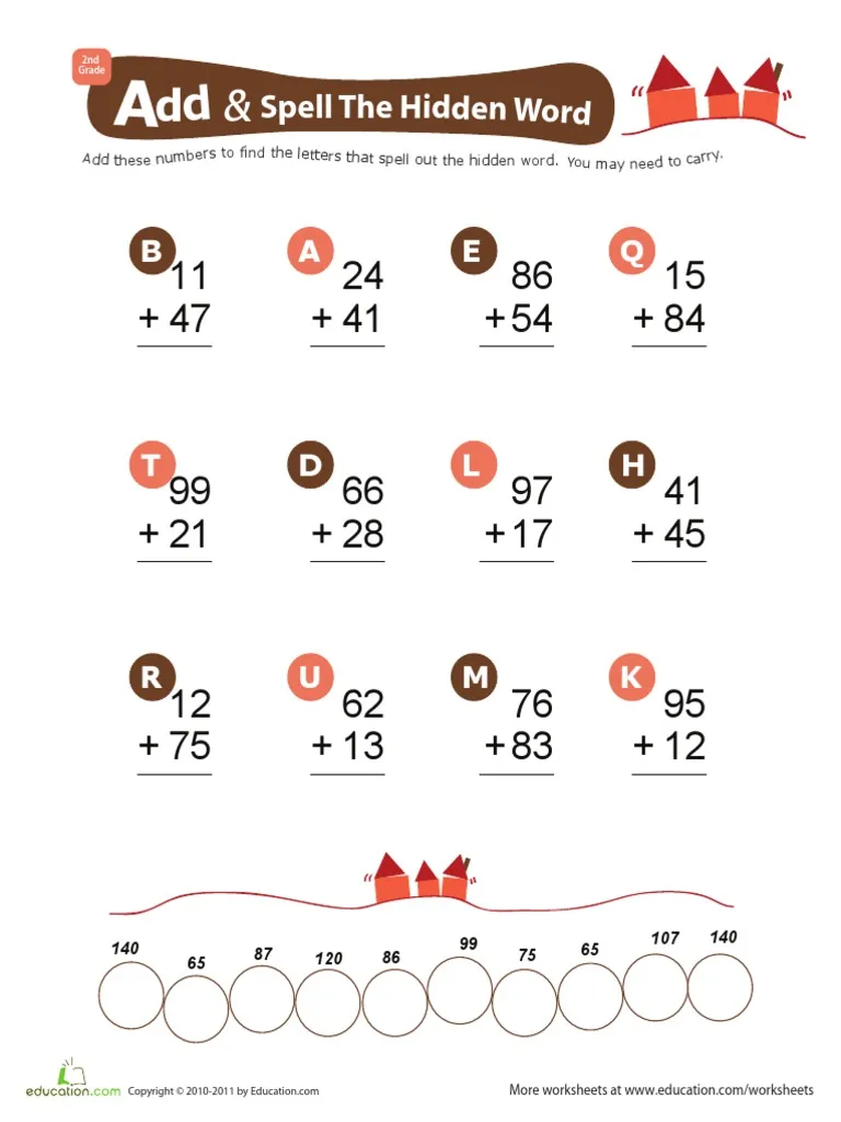 Second grade math worksheet featuring addition problems and a hidden word puzzle for history class
