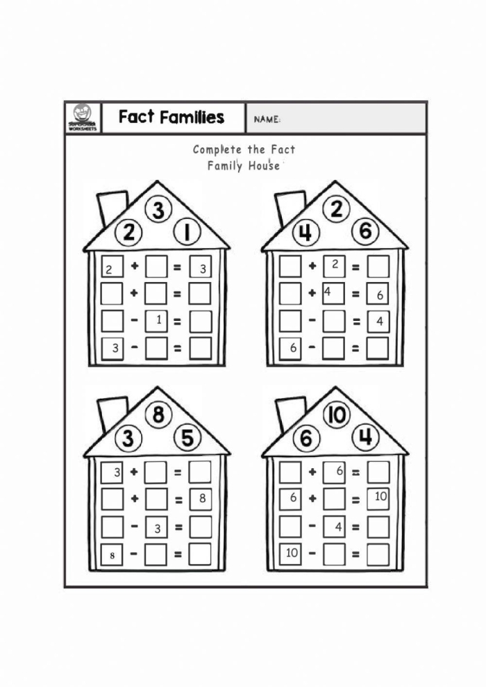 Fact Family Houses Math Worksheet Number 16 for First Grade Students First grade math worksheet featuring fact family houses for addition and subtraction practice