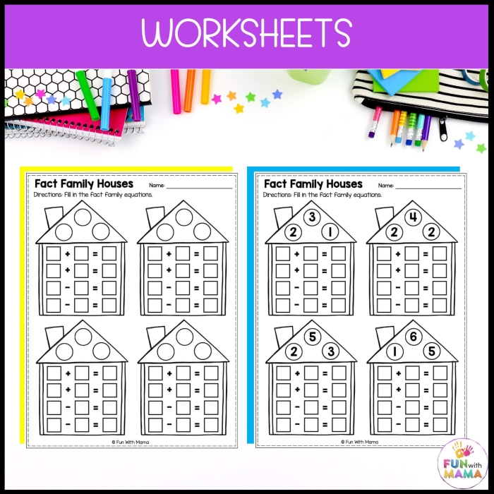 Fractions worksheet for First Grade Fact family houses worksheet for first graders focusing on addition and subtraction with missing numbers. Educational image illustrating a fun math activity for young learners.