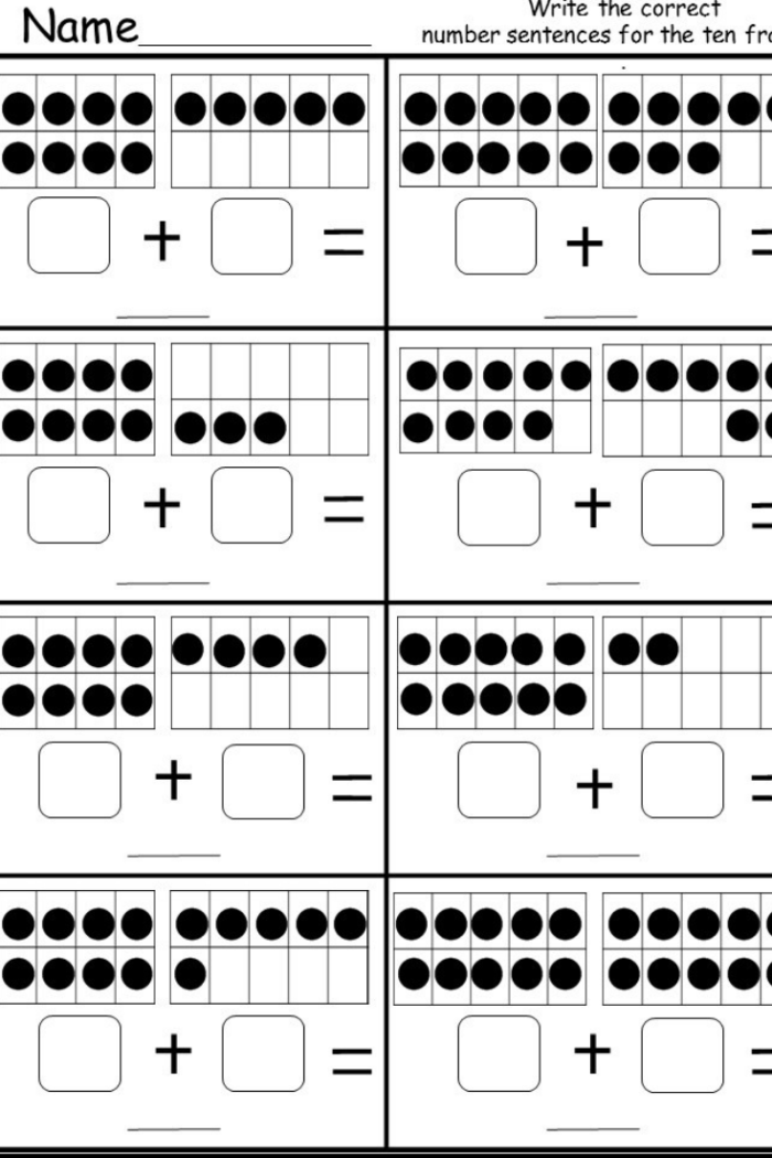 First grade math worksheet for practicing addition within 20 using ten frame visual aids