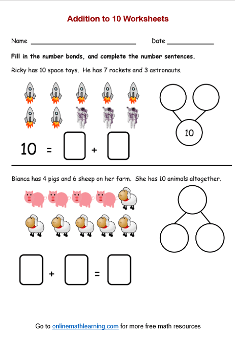 Kindergarten worksheet featuring colorful balloons and cupcakes for practicing addition to 10