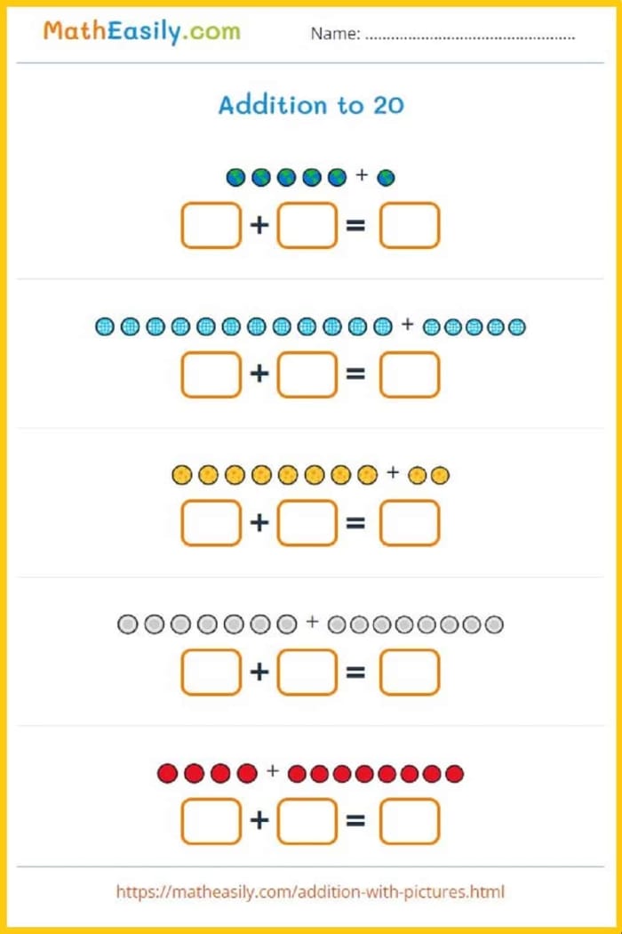 First grade student completing an addition to 20 math assessment worksheet