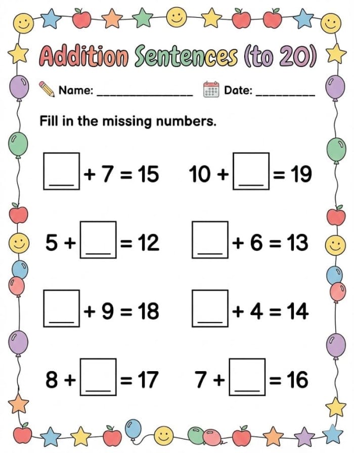 First grade student working on an addition to 20 math assessment worksheet