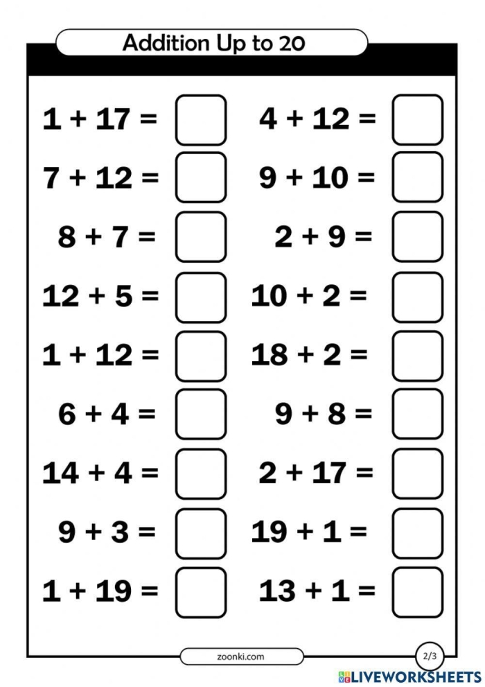First grade student working on an addition to 20 math assessment worksheet