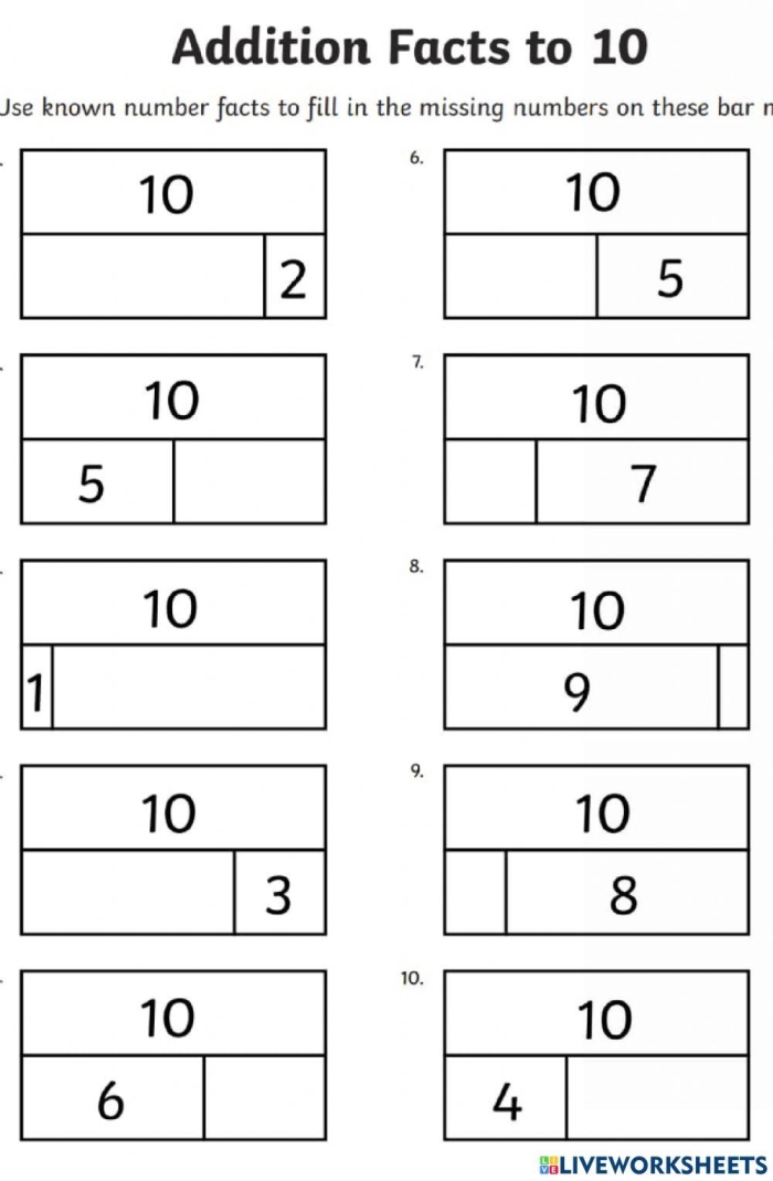 First grade math worksheet showing addition equations that sum to ten with missing numbers to fill in