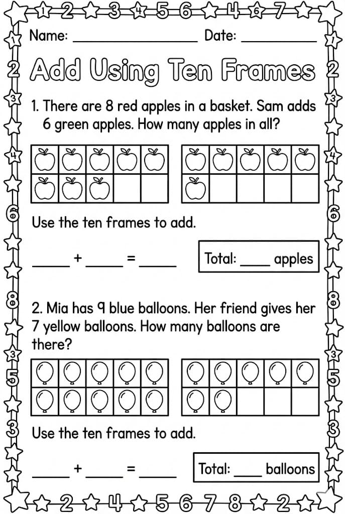First grade math worksheet for practicing addition within 20 using ten frame diagrams