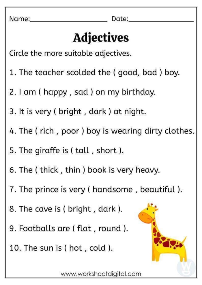 Introduction to Adjectives Worksheet for Young Learners First grade student learning about adjectives with colorful describing words and picture examples on a worksheet