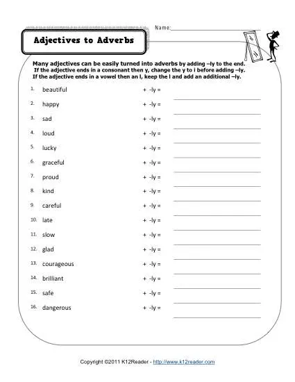 Third grade student completing an adding adjectives grammar worksheet