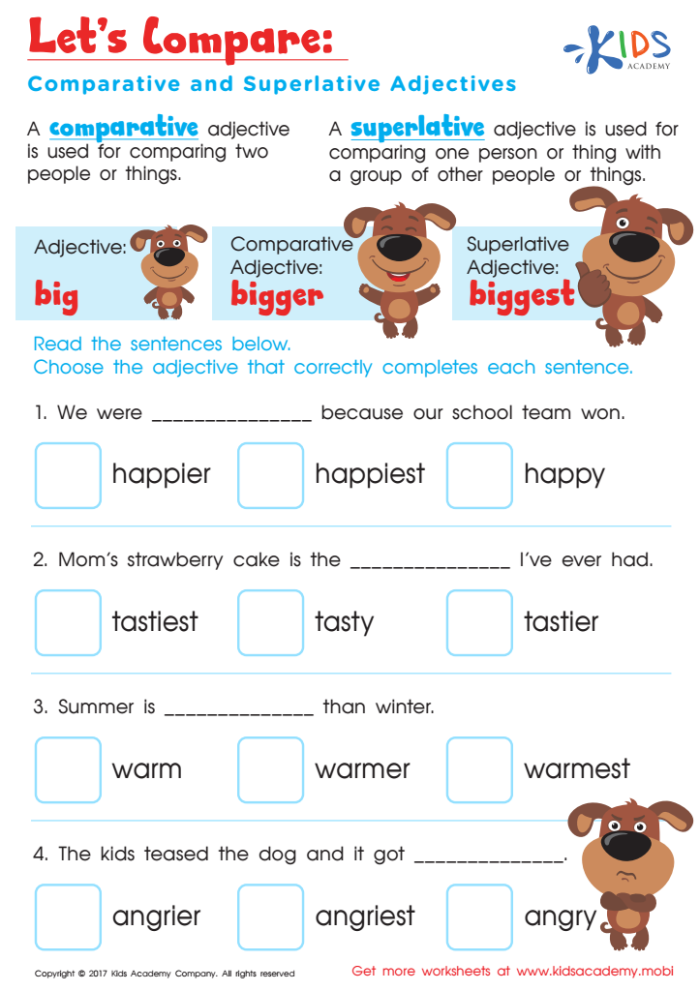 Worksheet featuring a variety of sentences for practicing comparative and superlative adjectives. Adjectives that Compare: Comparative and Superlative worksheet for third graders.