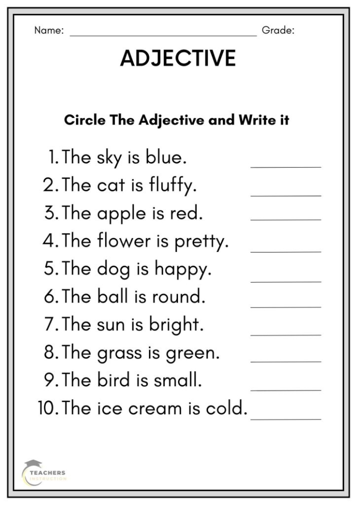 What is an Adjective Worksheet 18 for First Grade Reading First grade students learning to identify describing words on the What is an Adjective worksheet