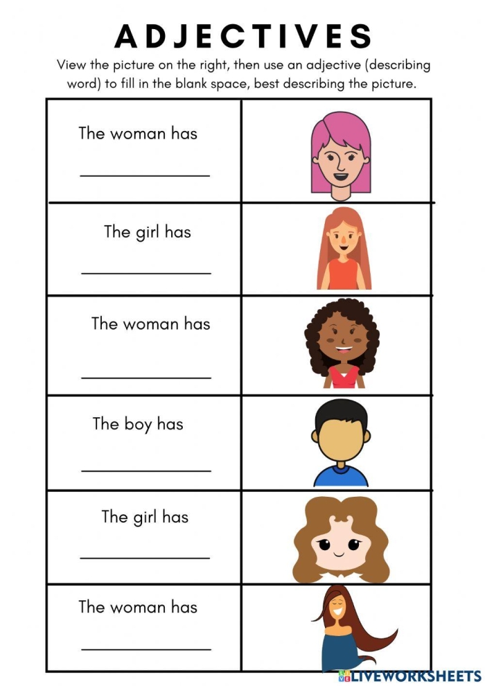 What is an Adjective Worksheet for First Grade Activity 24 First grade student working on a What is an Adjective? worksheet about describing words