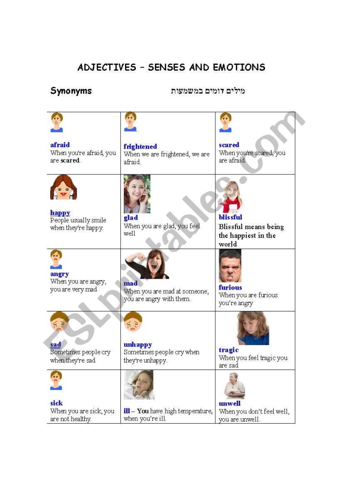 Adjectives to Describe Emotions worksheet for enhancing communication skills Worksheet featuring adjectives that describe emotions for third-grade students