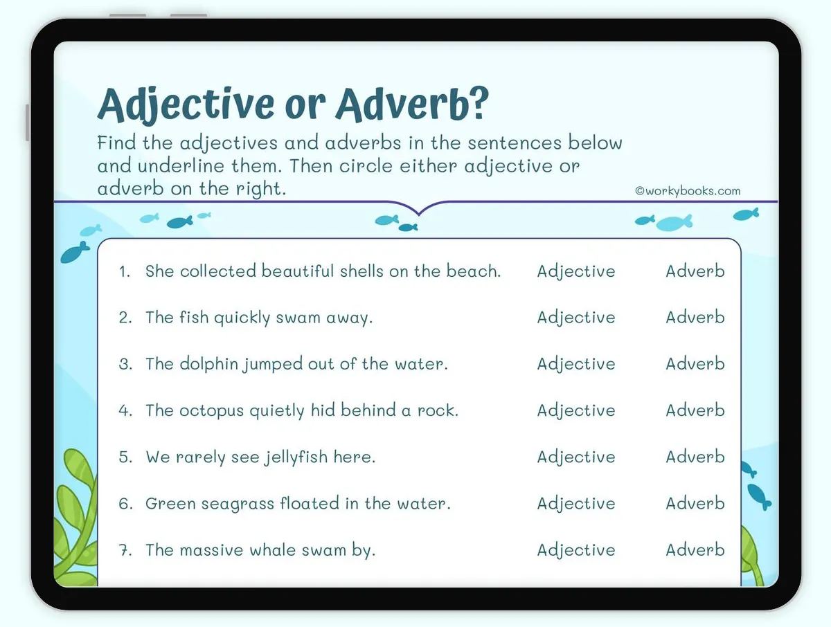 Third grade students engaging with a Find the Adjectives worksheet featuring baseball-themed sentences