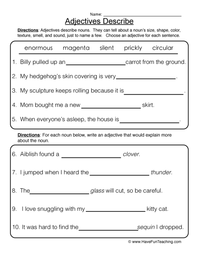 Printable first grade adjective worksheet for reading practice number ten First grade students identifying describing words on a colorful What is an Adjective worksheet