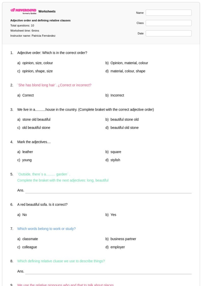 Fix the Sentences: Adjective Order worksheet for teaching students about adjectives Worksheet for fourth graders on fixing sentence structure with a focus on adjective order