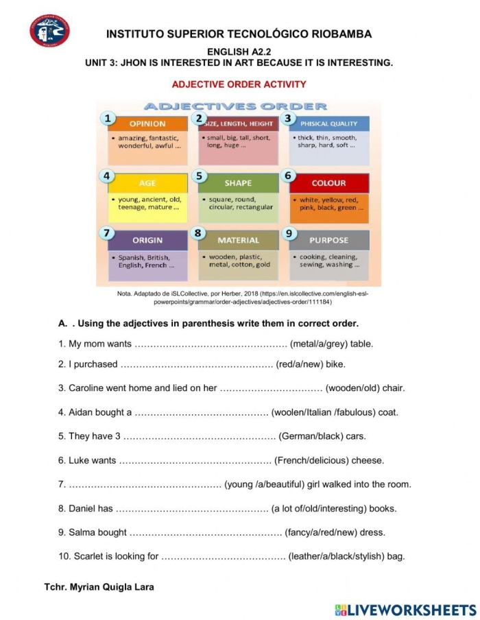 Fix the Sentences Adjective Order Worksheet 18 for Fourth Grade Fourth grade students completing a worksheet on the correct sequence of adjectives in sentences