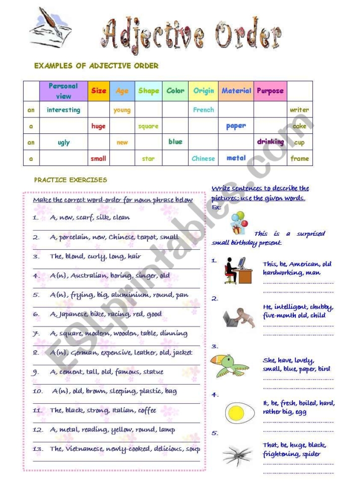 Measurement Adjective Order Worksheet for Fourth Grade Students 15 Fourth grade grammar worksheet featuring practice exercises on adjective order for measurement concepts