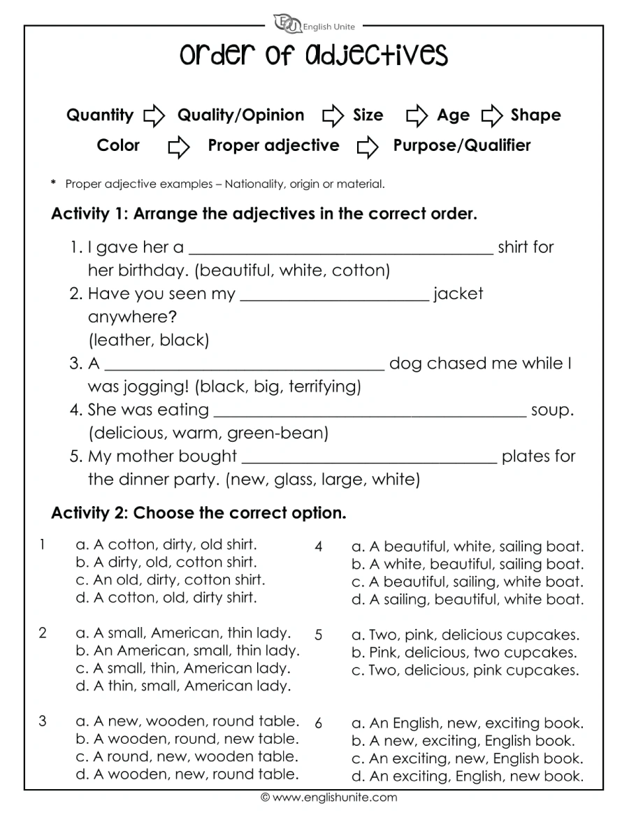 Use the Correct Adjective Order Practice Sheet 3 Fourth grade grammar worksheet focused on the correct order of adjectives for measurement