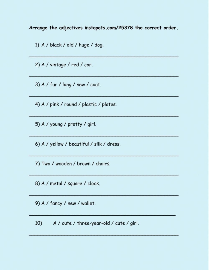 Use the Correct Adjective Order Worksheet for Elementary Grammar Practice Fourth grade students practicing correct adjective order rules on a grammar worksheet with example sentences