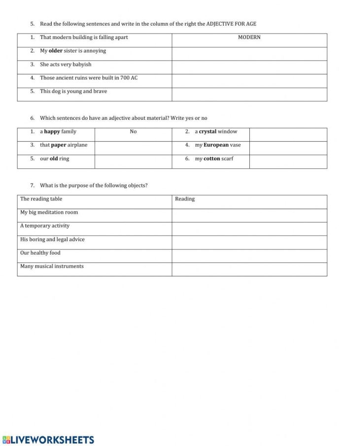 Use the Correct Adjective Order - Grammar Practice Activity 6 Fourth grade grammar worksheet showing adjective order practice exercises for students