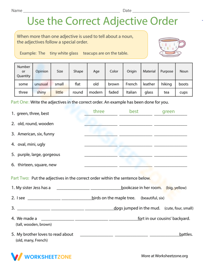 Use the Correct Adjective Order Worksheet Nine Fourth grade grammar worksheet focusing on the correct order of adjectives for measurement