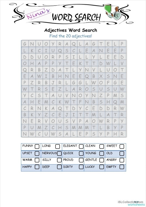 Adjective word search worksheet for second graders exploring descriptive vocabulary