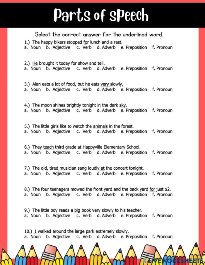 Fifth grade worksheet focusing on identifying adjectives and adverbs for parts of speech practice