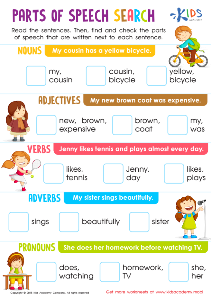Fifth grade worksheet asking students to identify adjectives and adverbs alongside nouns and verbs