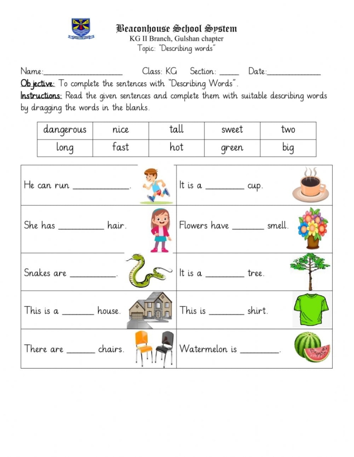 Fifth grade worksheet exercise showing adjectives and adverbs with practice sentences for identifying descriptive words and their corresponding nouns and verbs