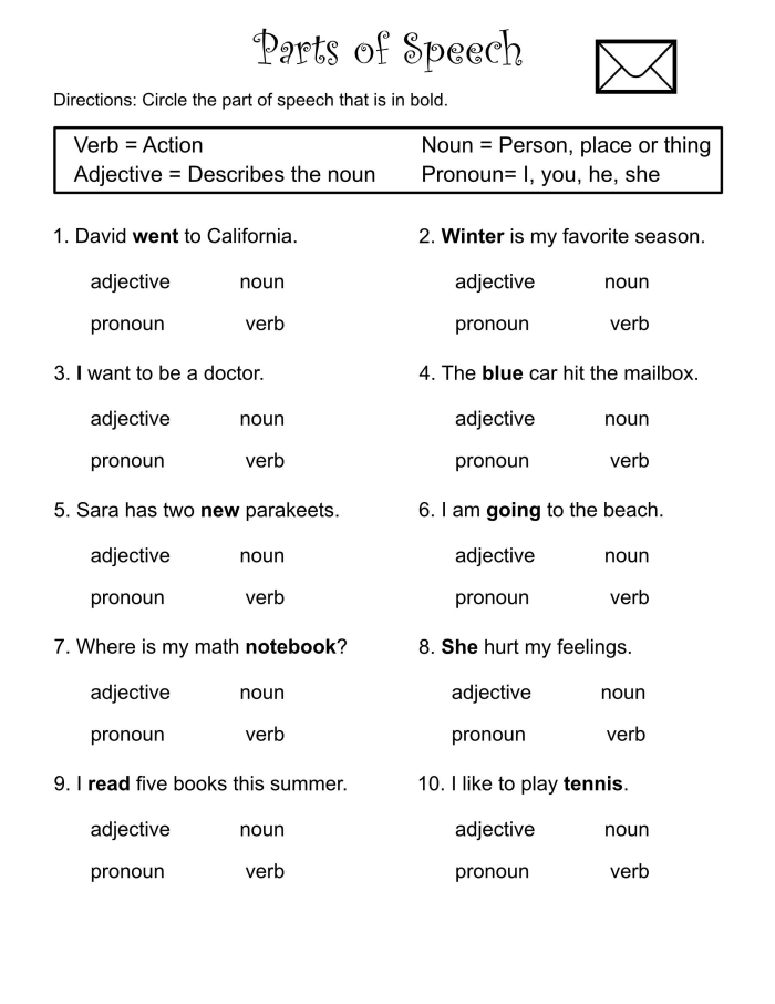 Fifth grade worksheet exercise 11 showing students how to identify adjectives and adverbs that describe nouns and verbs in sentences