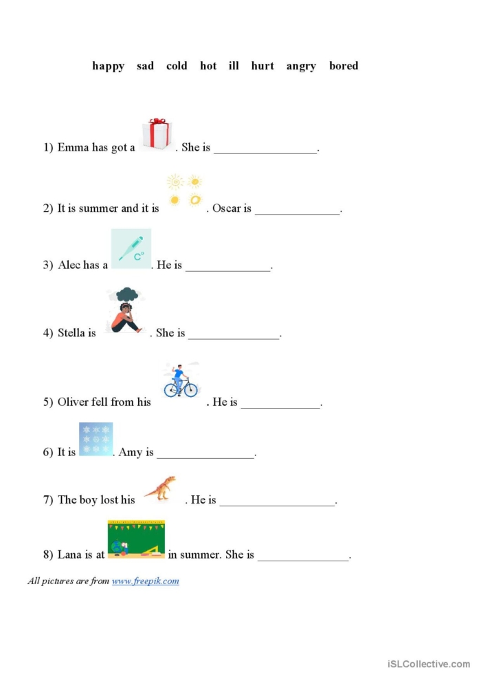 Emotions-themed grammar practice for enhancing communication skills Worksheet featuring adjectives to describe emotions for third graders