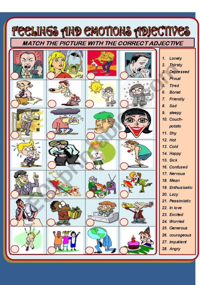 Adjectives to Describe Emotions Worksheet - Grade 3 Geometry Activity Worksheet featuring adjectives to describe emotions for third graders