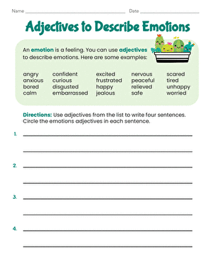 Emotions-themed grammar worksheet to enhance communication skills Worksheet featuring adjectives that describe emotions for third graders