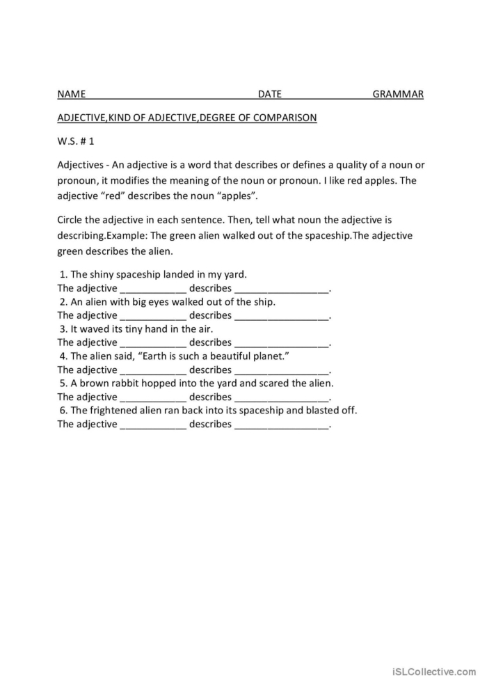 What is an Adjective Worksheet 15 for First Grade Reading First grade worksheet explaining adjectives with fun descriptive word activities