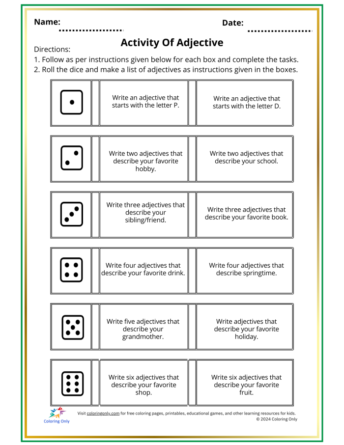What is an Adjective Worksheet Five Describing Words Activity First grade worksheet featuring fun examples and practice questions to teach students what is an adjective