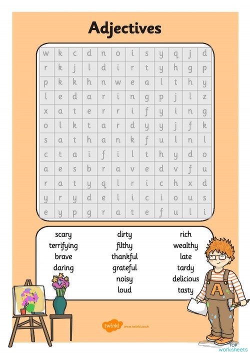 Adjective word search worksheet for second graders focusing on descriptive language