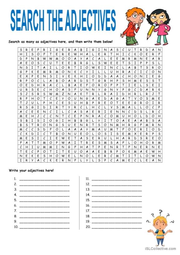 Adjective word search worksheet for second graders learning about descriptive words