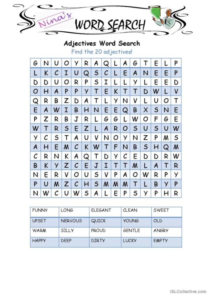 Adjective word search worksheet for second graders focusing on descriptive words