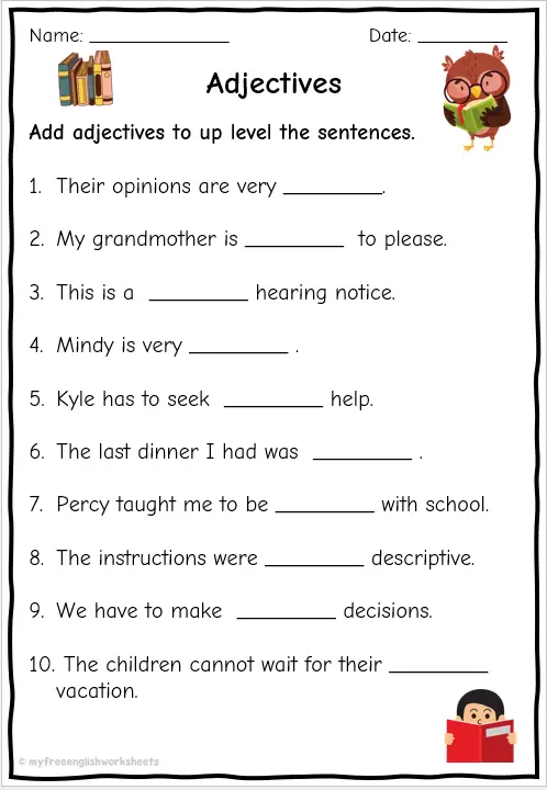 Third grade student practicing descriptive writing by adding adjectives to sentences on a colorful worksheet