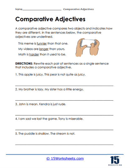 First grade student completing a practice worksheet about using adjectives to improve grammar and handwriting