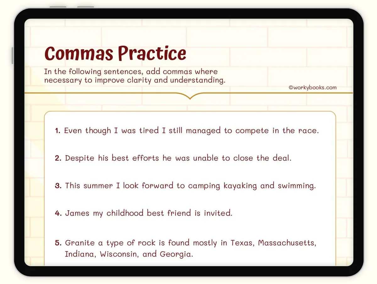 Sixth grade student completing an advanced comma placement worksheet as part of an alphabet and grammar lesson