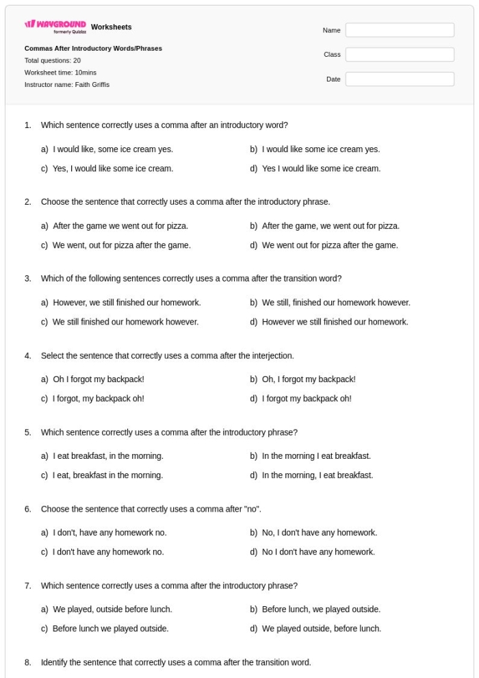 Sixth grade student completing an advanced comma review worksheet to practice sentence punctuation
