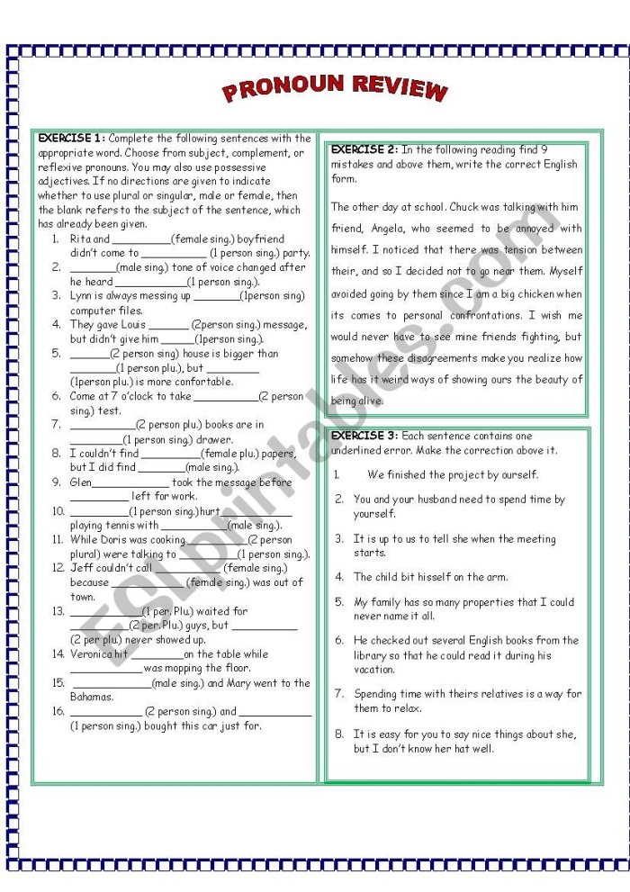 Advanced Pronoun Review Worksheet for Sixth Grade Students Sixth grade student completing an advanced pronoun review worksheet on grammar skills