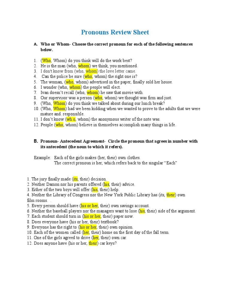 Phonics worksheet for Sixth Grade Advanced Pronoun Review worksheet for sixth graders focusing on grammar skills. Worksheet image showcasing exercises on pronoun-antecedent agreement and reflexive pronouns.